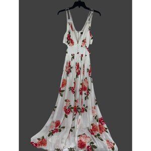 Miss Avenue Long Floral Dress with Double Spaghetti Straps and Front Slit